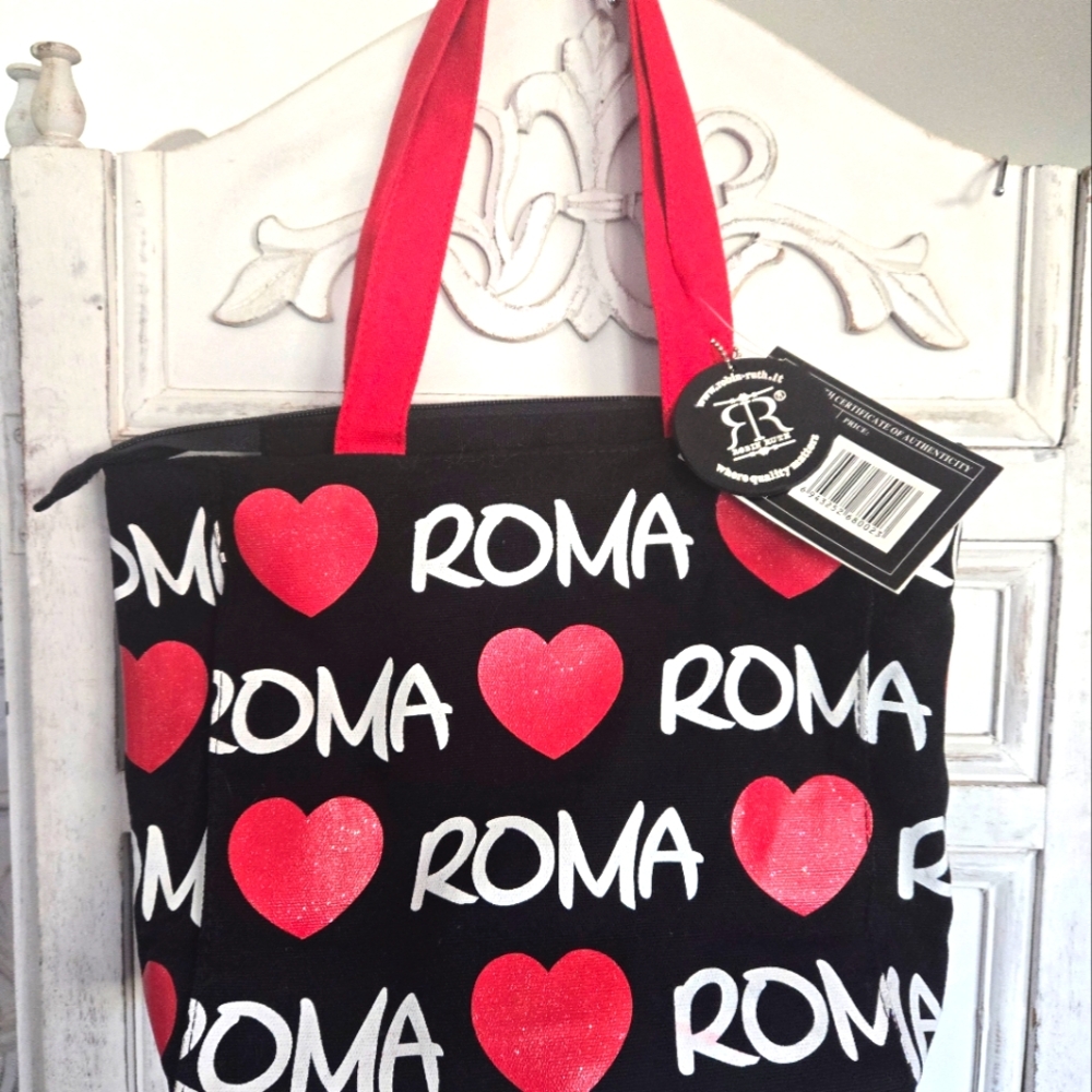 Robin Ruth NWT COA Roma Tote Bag Black with Red Hearts Red Straps and zipper